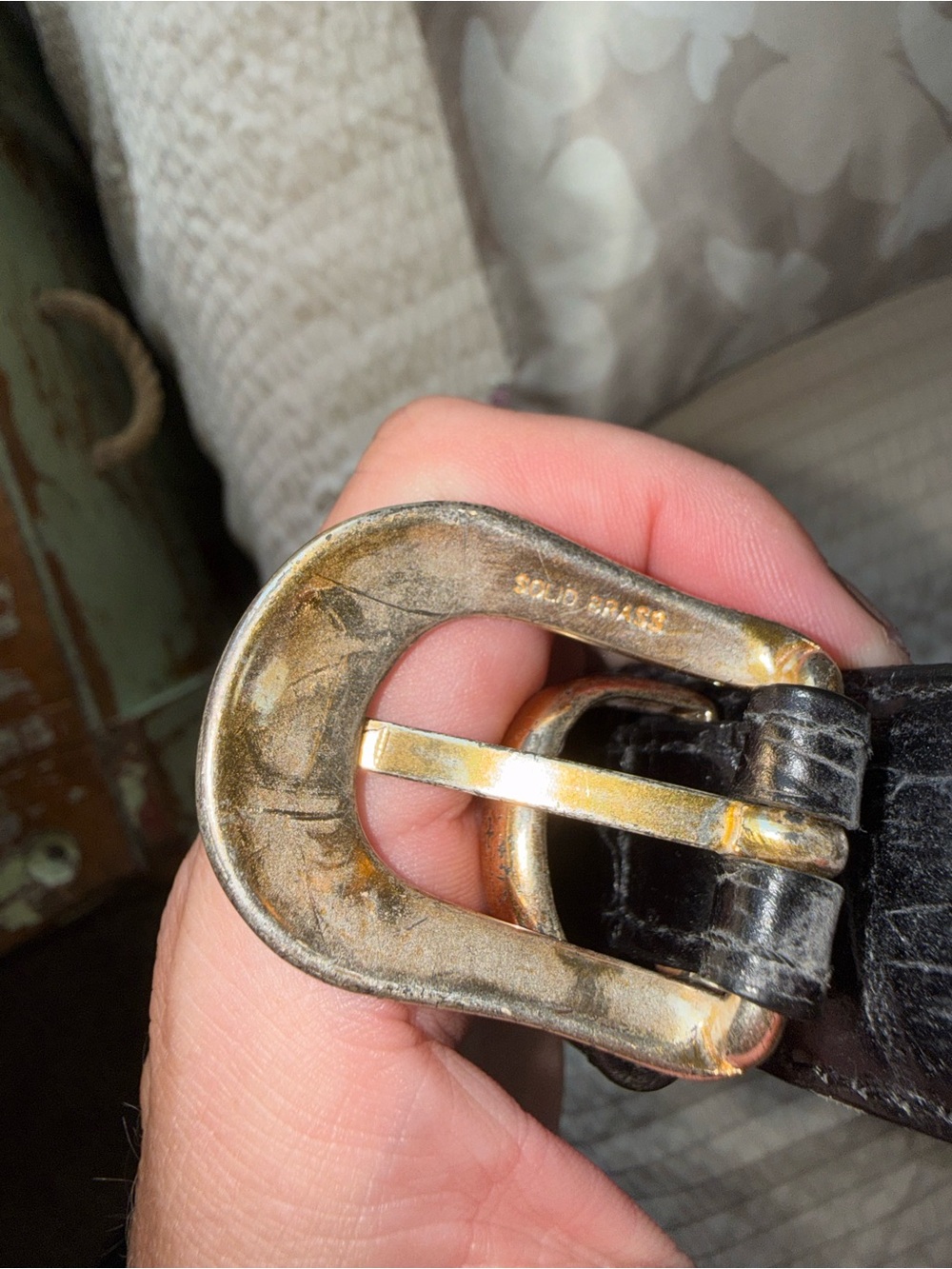 Vintage Lands End Made in USA Black Croc-Embossed Leather Belt Brass Buckle - Picture 6 of 6